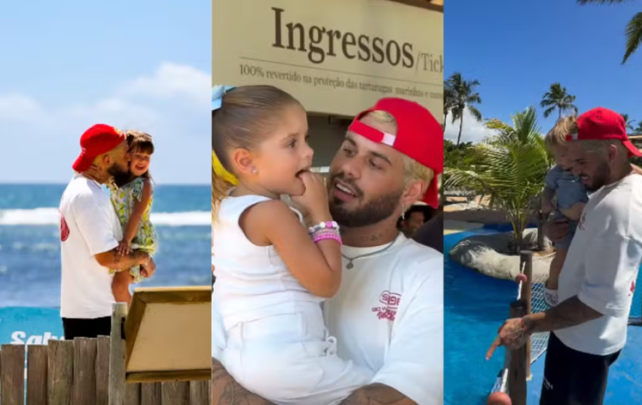 Zé Felipe visita Projeto Tamar com os três filhos na Praia do Forte, destino turístico da Bahia