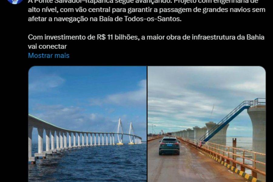 Governo divulga fake news ao postar imagem enganosa sobre ponte Salvador-Itaparica